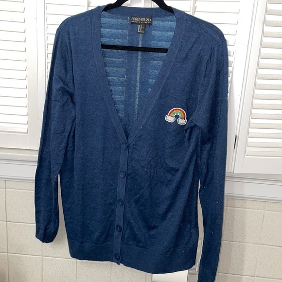 Forever 21 rainbow pride happy patch blue cardigan sweater red pink green yellow - Picture 1 of 2